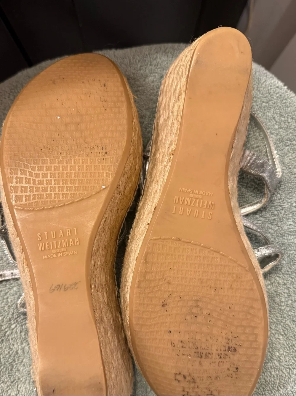 Stuart Weitzman Silver Glitter Espadrille Wedge Sandals Size 8M